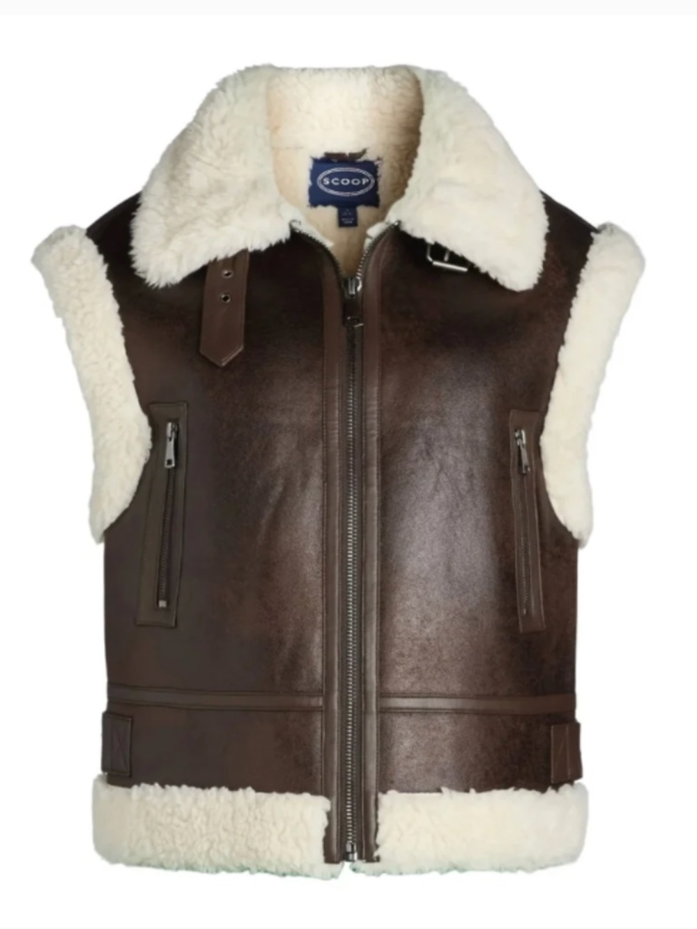 Scoop Zip Sherling Vest. Brown/Cream. Size S(4-6)